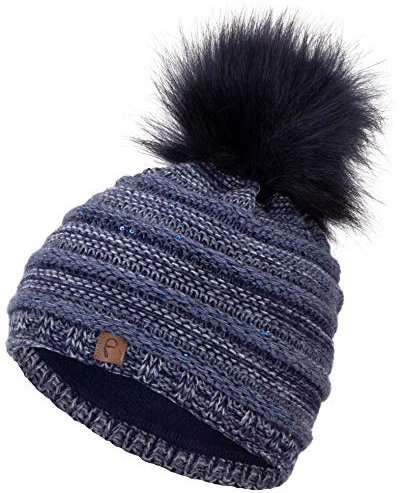 Faera Wintermütze Mütze Damen Pailletten warm gefüttert Bommelmütze Fleecefutter Winter Mädchen Strickmütze Beanie Weihnachten 36, Farbe:Jeansblau