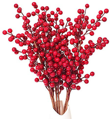 Artiflr Künstliche rote Beerenstiele, Stechpalmen-Weihnachtsbeeren für Festivals, Feiertage, Handwerk und Heimdekoration, 50,8 cm, burgunderrote Beeren, floraler Weihnachtsbaumschmuck