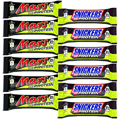 Mars und Snickers Hi Protein Bar Mix - Pack | 6 x 55g Snickers + 6 x 59g Mars Riegel | Box in Folie eingeschweißt