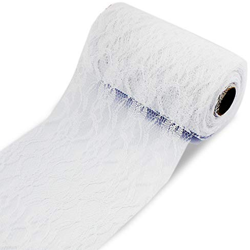 TsunNee 15 cm x 22 m florale Spitzenrolle Tischläufer, Spitzen-Stuhlschärpe, Spitzen-Tutu-Material, Spitzenschleife für DIY Hochzeit Party Stuhl Tisch Kunst Handwerk Dekor, Weiß