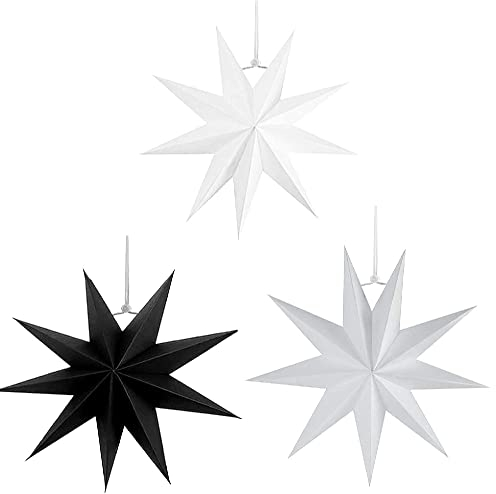 3 Stück 30 cm Papier Stern Dekoration Set, Sterne Form Papier, 3D Sterne Form für Weihnachten, Papiersterne Deko, Hänge-Deko aus Papier für Räume, Fenster, Wohnzimmer, Partys (Schwarz, Weiß, Grau)