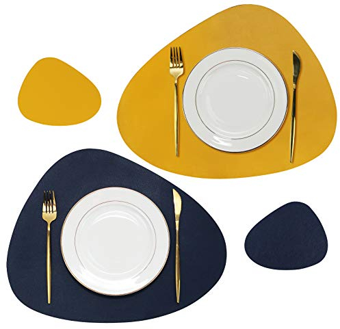 Olrla Tischsets und Untersetzer-Sets 6 doppelseitige PU-Leder-Tischsets rutschfest abwischbar wasserdicht für die Küche Indoor Esstisch Restaurant (Tiefblau/Gelb)
