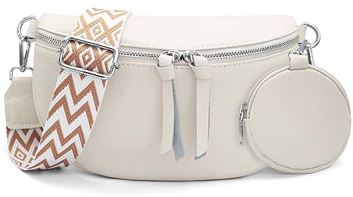 HNOOM Crossbody Bag Damen Breiter Gurt Echtleder Bauchtasche Damen Stylisch Brusttasche mit Münze Geldbeutel, Umhängetasche Damen Klein Moderne Taschen mit Breitem Schultergurt (Beige)