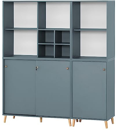 Lomadox Aktenschrank Büro mit Schloss auf Massivholz Füßen in blau, B/H/T: ca. 151,1/175,2/41 cm