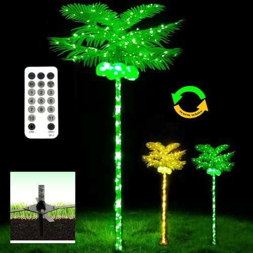 Palm Tree Lights for Outside Patio, Metal Artificial Palm Trees Lighting with Coconuts, Outdoor Pool Tropical Decorations for Home Party Hawaiian Christmas Garden 7FT Warm White/Green