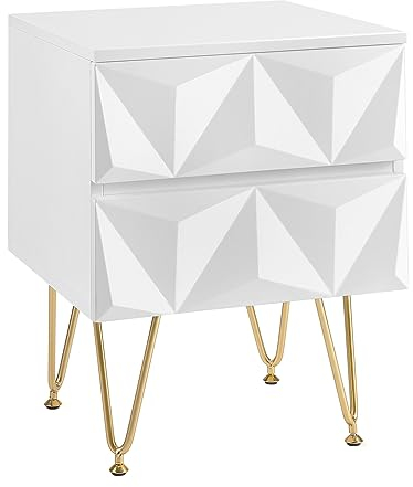 EUGAD Table de Chevet avec 2 Tiroirs à Effet 3D, Table de Nuit Adulte, Design Moderne, pour Chambre à Coucher, Salon, 40x40x53 cm, MDF et Métal, Blanc + Doré, 0001CTG