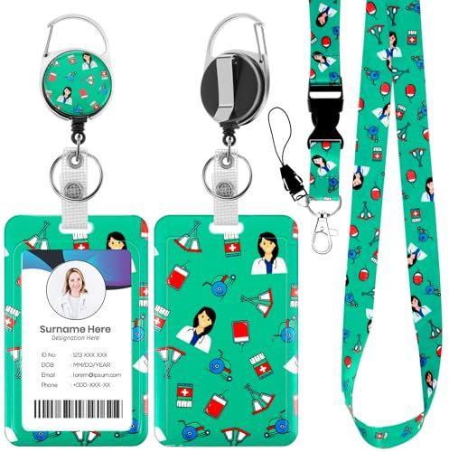 Amabro Amabro Portabadge con stampa infermiera con cordino staccabile, clip per portabadge retrattile con cordino staccabile Porta carte d'identità in plastica Protezione verticale per carte Portachia