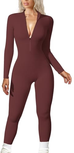 JN JANPRINT Damen Yoga Jumpsuit Eng Lang Sport Overall Langarm Playsuit V-Ausschnitt Reißverschluss Bodycon Strampler Trainingsanzug Slim Einteiler Jogginganzug Club Outfit(Braun,M)