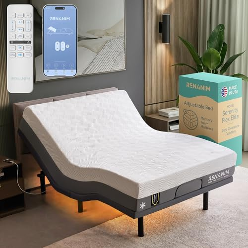 Renanim SFE Adjustable Bed with Mattress & Massage, Queen Adjustable Bed Frame + Firm Mattress - Cooling Gel Memory Foam Mattres, USB, UnderBed Light, Wireless Remote
