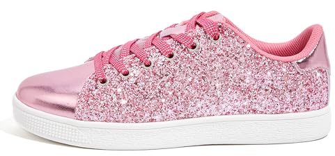 LUCKY STEP Damen Glitzer Sneaker | Schnüren Mode Schuhe | Glitzernde Bunt Turnschuhe für Damen (Heißes Rosa, 10US-41EU-8UK)