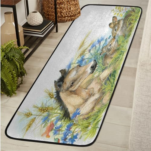 Teppich mit Pferd, Kaninchen, Blume, weich, rutschfest, Bauernhaus-Teppich, waschbar, Küchenläufer, Teppiche, moderne Bodenmatte für Flur, Eingang, Wohnzimmer, Schlafzimmer, Heimdekoration, 183 x 61
