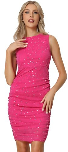 Allegra K Robe à Paillettes Femme sans Manches Col Rond Robe Froncée Moulante en Maille Étoilée Mini Robe de Club Rose Vif M