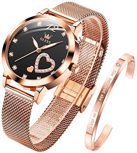 OLEVS Womens Watch Gift Set avec Bracelet Rose Gold Noir Ladies Minimaliste Minimaliste Slim Robe DéContractéE Analogique Montre à Quartz ImperméAble