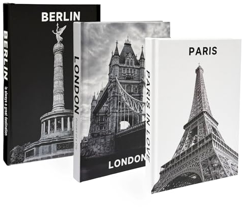 3 Stück Dekorative Buch,Modische Dekorative Bücher mit Befüllbaren Leeren Seiten für Heimdekor,Display Bücher für Couchtisch Büro, Dekobücher für Display Regale Wohnzimmer(Paris/London/Berlin)