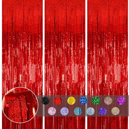 3pcs Tinsel Curtain Red Glitter Foil Door Party Backdrop, 3.2x6.5ft Metallic Fringe Streamers, Shimmer Tassel Decorations for Birthday Christmas