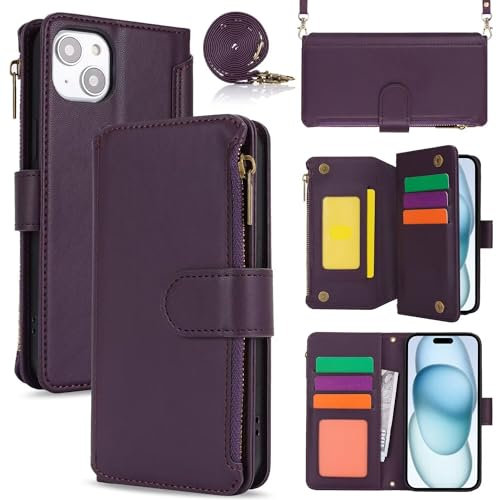 xinyunew Cover Custodia Case per iPhone 14, Flip Custodia in PU Pelle, Cover a Libro Magnetica Portafoglio per iPhone 14,Lilla