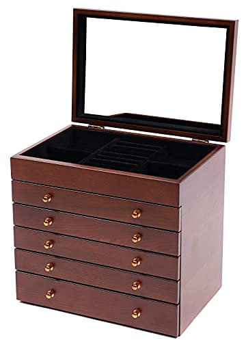 LANNADD Schmuckkasten, große Schmuckschatulle mit 6 Ebenen, Schmuckkästchen mit Spiegel, 6 Schublade, Holzschmuck-Organizer, Ideal für die Aufbewahrung von Schmuck, Ringen, Halsketten und Uhren