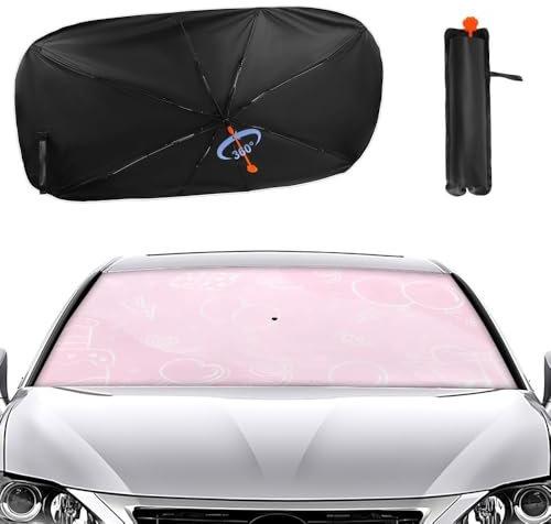 Hiseng Parasole Auto, Ombrello Parasole Auto con Molla Pieghevole, Parasole Auto Parabrezza Interno Contro i Raggi UV, Stampa Compleanno Universale Tendine Parasole Auto (Rosa)