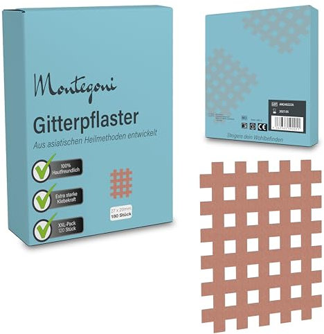 Gitterpflaster 180 Stück 27x20mm, Akupressur Pflaster, Akupunkturpflaster mit starke Klebe, Hautfreundliches gittertape zur Akupressur mit Anleitung, Cross Tape