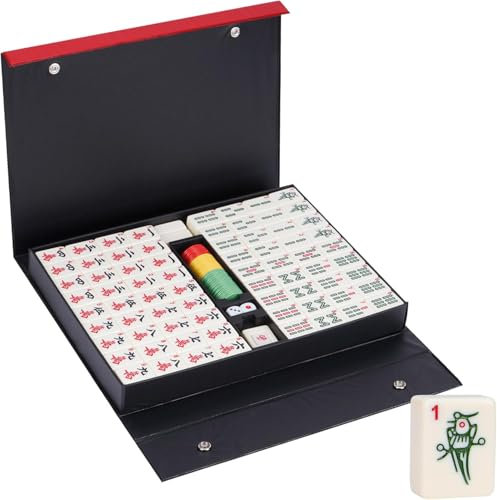 mosegor 3,6 x 2,8 cm chinesisches Majong-Set,144 große Mahjong-Steine, Mahjong geeignet für Familien- und Freundesfeste,Mit Chips, Würfeln(elfenbeinfarben)
