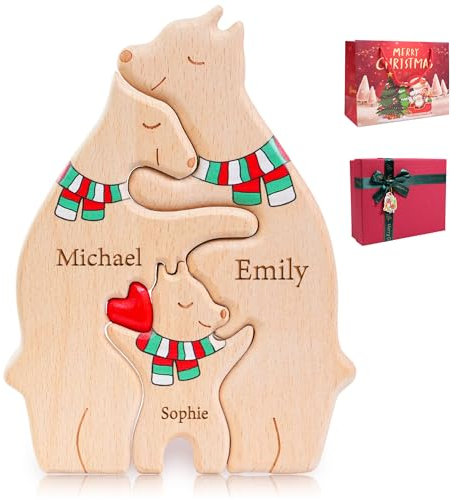 Easycosy personalisiertes Holzkpuzzle der Bärenfamilie mit 2-7 Namen| liebevolle Familien Weihnachten Geschenke für Kinder Mama mädchen | Holz Bär Skulpturen als Desktop Ornament, Tischdekoration