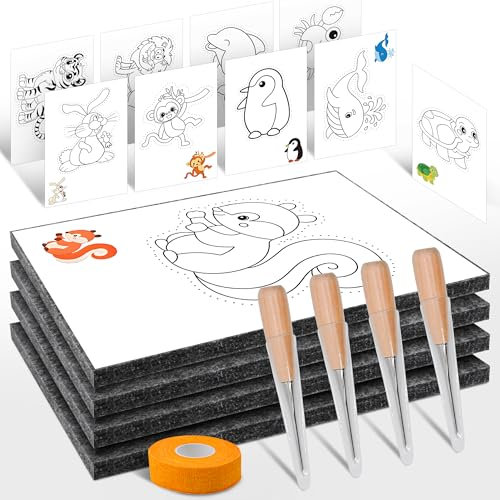 QMofeixiaodianQ Prickelnadel Set Kinder mit 4 Prickelnadel, 4 Prickelfilz, 20 Stickbilder& 1 Fingerschutzbandage, Prickelset Für Kinder Ab 3 Jahre,Prickeln, Stickbilder für kinder