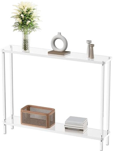 Table console moderne en acrylique transparent à 2 niveaux pour salon et chambre à coucher, élégante table d'entrée et de couloir avec étagère de rangement ouverte, design fin avec pieds cylindriques
