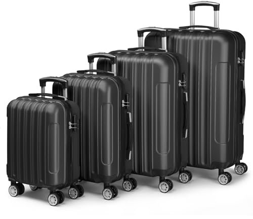 LALAHO Kofferset 4 teilig, Reisekoffer Set, Hartschalen Koffer Set aus ABS, Gepäckset mit Teleskopgriff, Handgepäck, Schwarz
