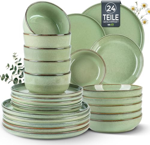 GBhome Geschirrset 6 Personen, 24-tlg Reaktive Glasur Handarbeit Steingut Geschirr Set, Mikrowellen- & Spülmaschinenfest Schüssel- und Teller Set, Pastellgrün