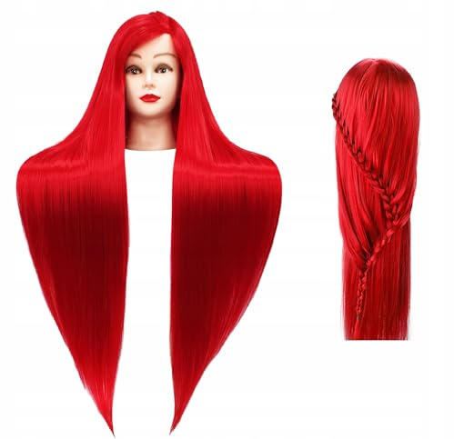 Iza Trainingskopf 90cm rot, Thermohaar + Griff, Friseurkopf zum Kämmen, Übungskopf