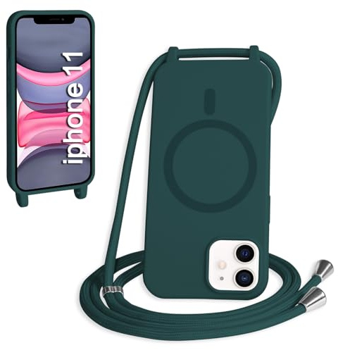 FMPCUON Magnétique Coque avec Cordon pour iPhone 11, [Compatible avec MagSafe] Etui Collier Réglable Téléphone Étui Portable Lanyard Case Protection Complète Cover,Vert