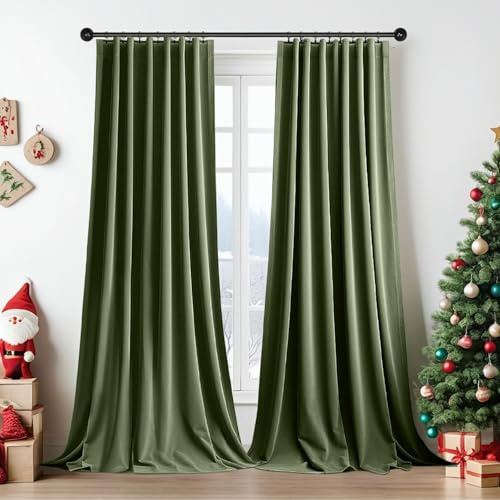 PLODAXE 2er Set Samtvorhang Kräuselband, Schöne Samt Gardinen Verdunkelung Multifunktionsband, Thermogardine, Velvet Vorhang Flächenvorhänge Wohnzimmer, Schlafzimmer (H274xB132CM, Oliver Grün)
