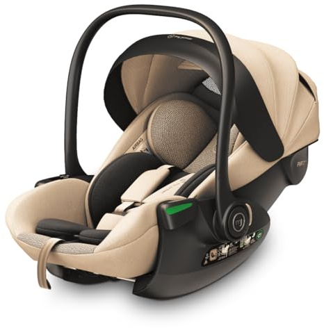 my junior® AURAᵉʳᵍᵒ i-Size Babyschale Autokindersitz mit 170° Liegeposition, 6-stufige Memory-Schaum Kopfstütze, 40-87 cm, bis 13 kg (Beige)