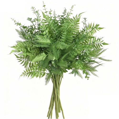 Eclove 12 Piezas Plantas Artificiales Mezcla de Helechos Boston y Hojas de Eucalipto de Follaje Artificial para Decoración de Hogar, Jardín, Oficina, Centros de Mesa, Bodas y Arreglos Florales