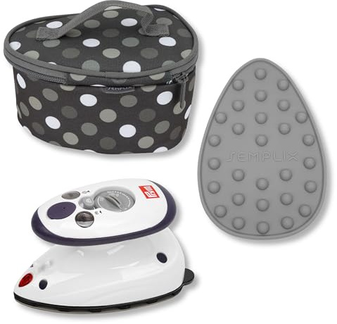 SEMPLIX Prym Mini-Bügeleisen Bundle – Kompaktes Set mit Mini-Dampfbügeleisen, Silikonablage & Reisebügeleisentasche,ideal für Nähen & Quilten, Design Polka Dots (Anthrazit)