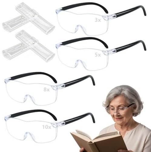 4-teiliges Set Lupenbrille, Vergrößerungsbrille mit 3-Fach 5-Fach 8-Fach 10-Fach Vergrößerung, Leselupe für Senioren und Brillenträger, mit 4 transparenten Aufbewahrungsboxen
