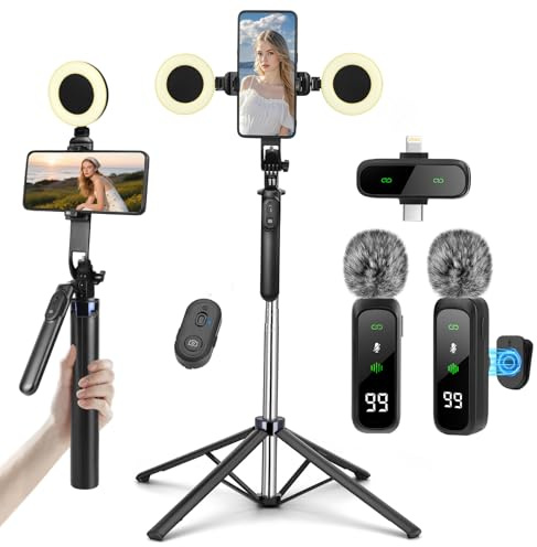 Content Creator Starter Kit, iPhone / Android Vlogging Kit, 180 cm Smartphone Tripod with 2 Fill Lights and Wireless Microphone, Selfie Starter Kit