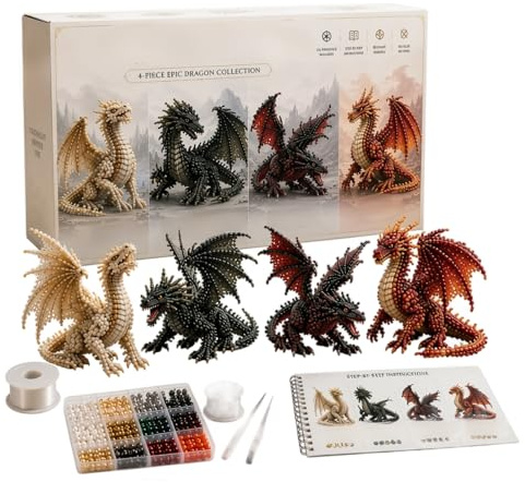 3D Perlentiere Bastelset Drachen, 4er-Pack Perlen Stickerei Set für Anfänger, 3D Beaded Animal DIY Kit mit Perlen für Perlentiere, Bastelset inklusive Anleitung & Zubehör