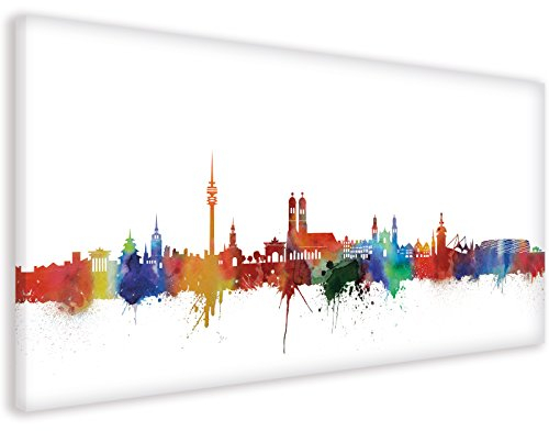 München Skyline Stadt Weiss by DiChyk (div. Größen) - Kunst Druck auf Leinwand - Bild fertig auf Keilrahmen ! Graffiti Like Banksy Art Gemälde Kun (70x140cm)