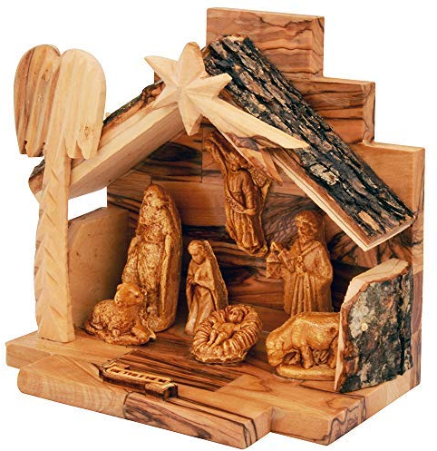 THE JERUSALEM GIFT SHOP SINCE 2004 Presepe in legno di ulivo con statuette | Stalla per tetto in corteccia | Prodotto a Betlemme