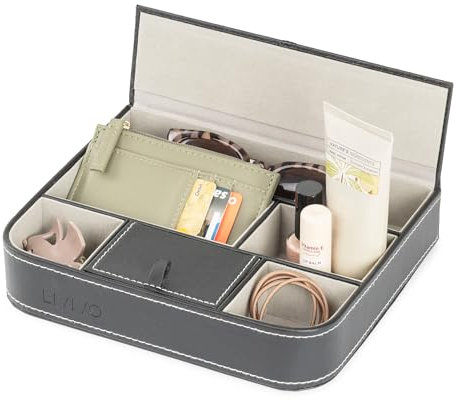 Fineway. Stylish 6 Compartment Leather Valet Tray Mens Dresser Wallet Cards Office Jewellery Storage Organiser Box – Ideal for Mobile Phones, watches, wallets, coins, keys, and jewellery Watches