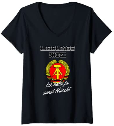 Damen Lustiges DDR Nicki Geschenk Hatten ja Nüscht Mottoparty T-Shirt mit V-Ausschnitt