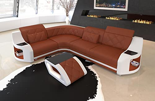 Ecksofa Genua Ledersofa L Form Sofa - mit LED Beleuchtung, verstellbare Kopfstützen/Lederfarben wählbar/Ausrichtung wählbar (Ecke Links, Braun-Weiß)