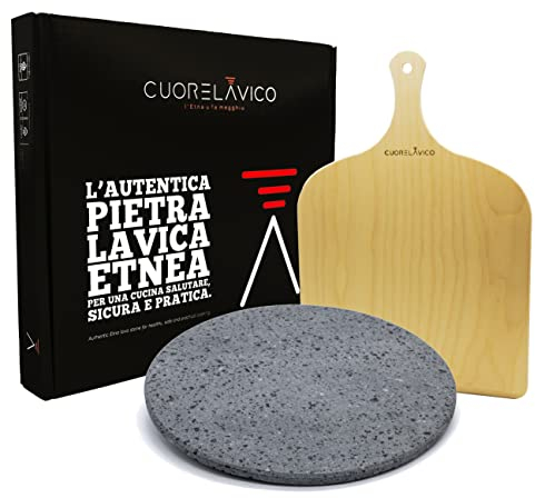 CUORE LAVICO – Kit de placa refractaria de piedra volcánica y etnea redonda para pizza diámetro 31,5 x 1 cm + pala