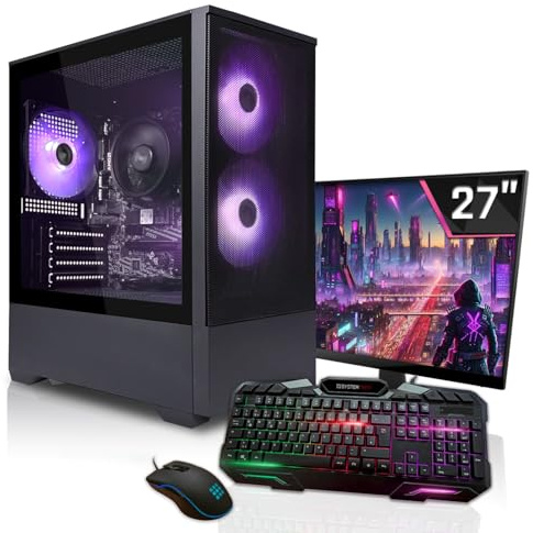 SYSTEMTREFF Basic Gaming Komplett PC Set Intel Core i3-14100 4x4.7GHz | AMD Radeon RX 9060 8GB | 500GB M.2 NVMe | 16GB DDR4 RAM | Windows 11 | 27 TFT Monitor | Desktop Paket Computer für Gamer