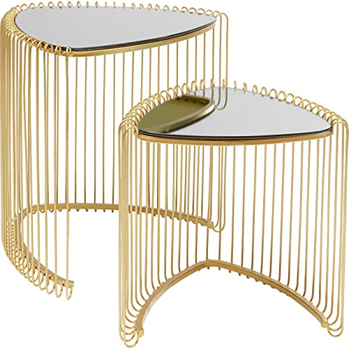 Kare Design Beistelltisch Wire Triangle, 2er Set, Gold, Dreiecksform, Wohnzimmertisch, Beistelltisch, Stahlgestell, Tischplatte gefärbtem Glas, 47x51x44cm (H/B/T), 39x41x35cm (H/B/T)