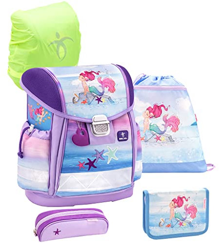 Belmil Schulranzen Set 5 - teilig ergonomischer Schulranzen Set mit Regenschutz 1. klasse 2. klasse 3. klasse - Super Leicht 930-990 g/Grundschule (Beautiful Mermaid)