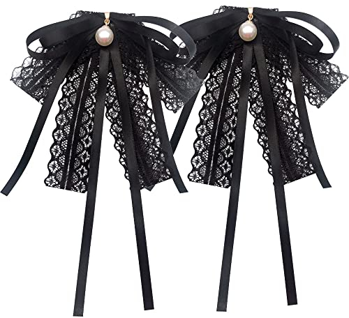 2 Stück Krawatte Bogen Brosche, Frauen Schleife Broschen, Perle Bogen Brosche, für Frauen Elegante Fliege für Damen Hochzeit Abschlussfeier Fliege Pin Hemd Accessoires Schwarz