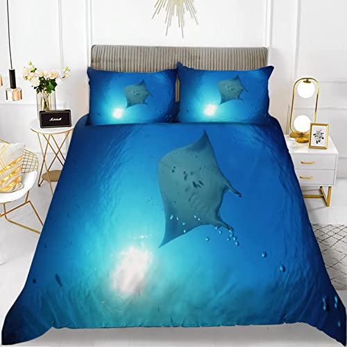 LUYAPOND Bettwäsche 135x200 Blauer Manta-Rochen Bettwäsche Set für Kinder, Mikrofaser Bettbezüge, 1 Bettbezug mit Reißverschluss + 1 Kissenbezug 80x80 cm