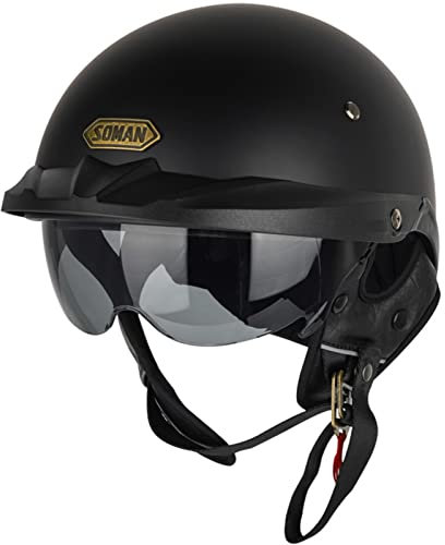 Halbschalenhelm Motorradhelm Chopperhelm Retro Halbschale Brain Cap mit Faltbar Schutzbrille DOT/ECE-Zertifizierter Roller-Helm Scooter-Helm Harley-Helm für Herren Damen, Matt Schwarz-3XL(65~66cm)